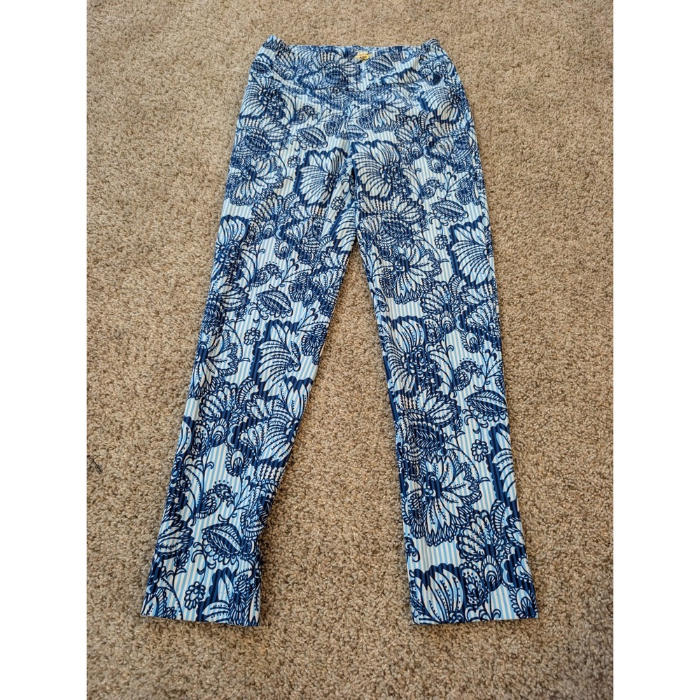 Lilly Pulitzer Luxletic Fairway Performance Twill Pants Blue Floral Striped 2